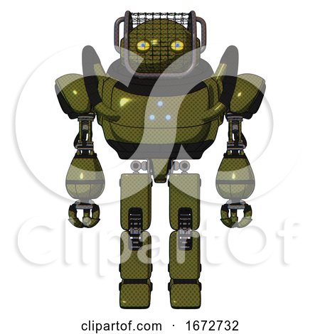 Bot Containing Oval Wide Head and Yellow Eyes and Barbed Wire Visor Helmet and Heavy Upper Chest and Triangle of Blue Leds and Prototype Exoplate Legs. Army Green Halftone. Front View. by Leo Blanchette