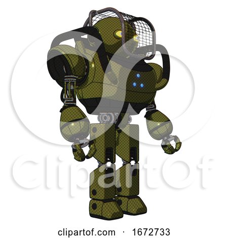 Bot Containing Oval Wide Head and Yellow Eyes and Barbed Wire Visor Helmet and Heavy Upper Chest and Triangle of Blue Leds and Prototype Exoplate Legs. Army Green Halftone. Facing Left View. by Leo Blanchette