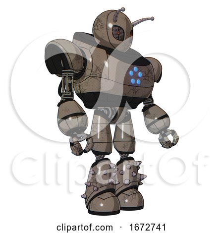 Mech Containing Grey Alien Style Head and Metal Grate Eyes and Bug Antennas and Heavy Upper Chest and Circle of Blue Leds and Light Leg Exoshielding and Spike Foot Mod. Patent Khaki Metal. by Leo Blanchette