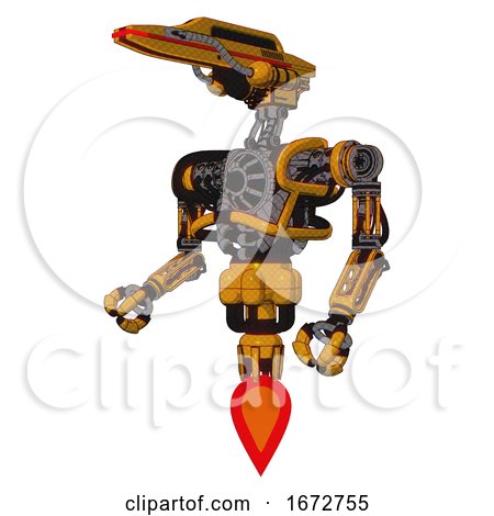 Automaton Containing Dual Retro Camera Head and Laser Gun Head and Heavy Upper Chest and No Chest Plating and Jet Propulsion. Primary Yellow Halftone. Facing Right View. by Leo Blanchette