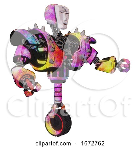 Cyborg Containing Humanoid Face Mask and Spiral Design and Heavy Upper Chest and Heavy Mech Chest and Shoulder Spikes and Unicycle Wheel. Plasma Burst. Interacting. by Leo Blanchette