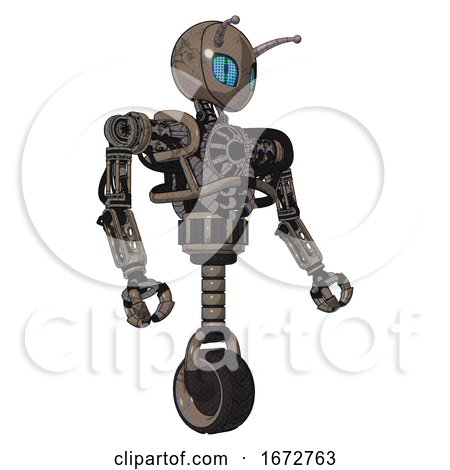 Droid Containing Grey Alien Style Head and Blue Grate Eyes and Bug Antennas and Heavy Upper Chest and No Chest Plating and Unicycle Wheel. Patent Khaki Metal. Facing Left View. by Leo Blanchette