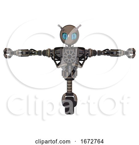 Droid Containing Grey Alien Style Head and Blue Grate Eyes and Bug Antennas and Heavy Upper Chest and No Chest Plating and Unicycle Wheel. Patent Khaki Metal. T-pose. by Leo Blanchette