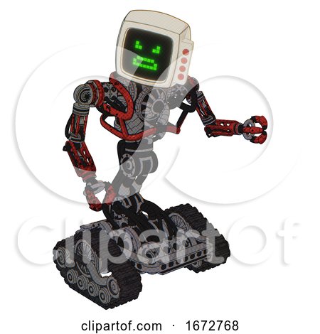 Android Containing Old Computer Monitor and Angry Pixels Face and Red Buttons and Heavy Upper Chest and No Chest Plating and Tank Tracks. Grunge Dots Cherry Tomato Red. Fight or Defense Pose.. by Leo Blanchette