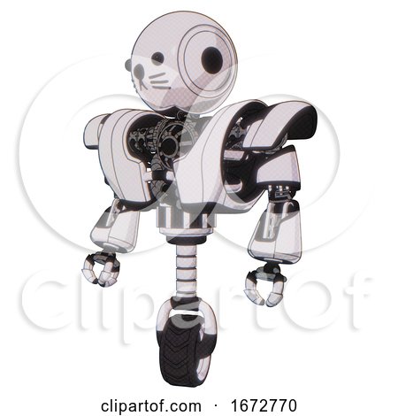 Bot Containing Round Head and Heavy Upper Chest and Heavy Mech Chest and Unicycle Wheel and Cat Face. White Halftone Toon. Standing Looking Right Restful Pose. by Leo Blanchette