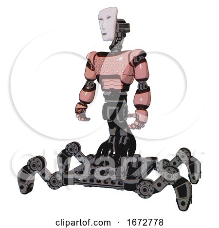 Bot Containing Humanoid Face Mask and Light Chest Exoshielding and Chest Green Blue Lights Array and Insect Walker Legs. Toon Pink Tint. Standing Looking Right Restful Pose. by Leo Blanchette