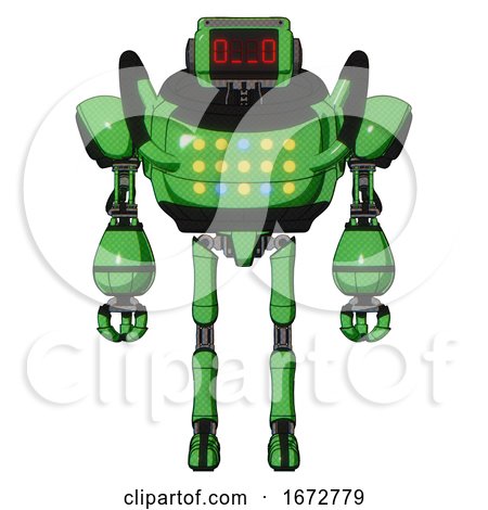 Automaton Containing Dual Retro Camera Head and Clock Radio Head and Heavy Upper Chest and Colored Lights Array and Ultralight Foot Exosuit. Secondary Green Halftone. Front View. by Leo Blanchette
