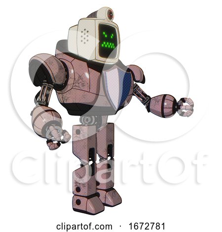 Automaton Containing Old Computer Monitor and Angry Pixels Face and Retro-futuristic Webcam and Heavy Upper Chest and Blue Shield Defense Design and Prototype Exoplate Legs. Powder Pink Metal. by Leo Blanchette