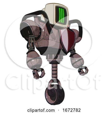 Bot Containing Old Computer Monitor and Three Lines Pixel Design and Heavy Upper Chest and Red Shield Defense Design and Unicycle Wheel. Dusty Rose Red Metal. Facing Left View. by Leo Blanchette