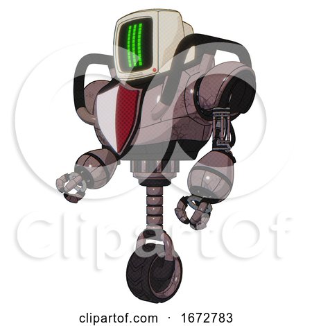 Bot Containing Old Computer Monitor and Three Lines Pixel Design and Heavy Upper Chest and Red Shield Defense Design and Unicycle Wheel. Dusty Rose Red Metal. Facing Right View. by Leo Blanchette