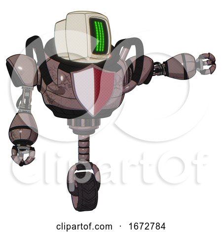 Bot Containing Old Computer Monitor and Three Lines Pixel Design and Heavy Upper Chest and Red Shield Defense Design and Unicycle Wheel. Dusty Rose Red Metal. Pointing Left or Pushing a Button.. by Leo Blanchette