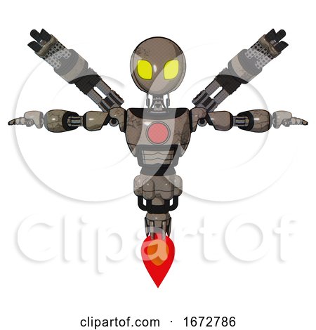 Mech Containing Grey Alien Style Head and Yellow Eyes and Light Chest Exoshielding and Red Chest Button and Minigun Back Assembly and Jet Propulsion. Patent Khaki Metal. T-pose. by Leo Blanchette