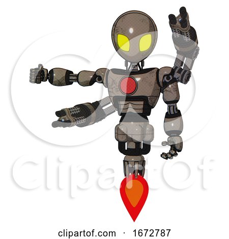Mech Containing Grey Alien Style Head and Yellow Eyes and Light Chest Exoshielding and Red Chest Button and Minigun Back Assembly and Jet Propulsion. Patent Khaki Metal. by Leo Blanchette