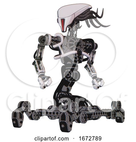 Bot Containing Flat Elongated Skull Head and Cables and Heavy Upper Chest and No Chest Plating and Insect Walker Legs. White Halftone Toon. Hero Pose. by Leo Blanchette
