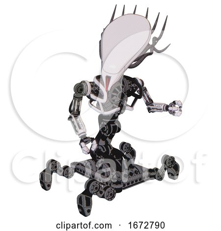 Bot Containing Flat Elongated Skull Head and Cables and Heavy Upper Chest and No Chest Plating and Insect Walker Legs. White Halftone Toon. Fight or Defense Pose.. by Leo Blanchette