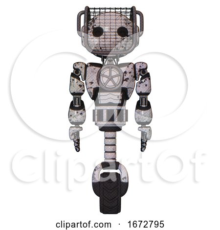 Bot Containing Oval Wide Head and Barbed Wire Visor Helmet and Light Chest Exoshielding and Chest Valve Crank and Unicycle Wheel. Grunge Sketch Dots. Front View. by Leo Blanchette