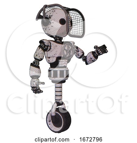 Bot Containing Oval Wide Head and Barbed Wire Visor Helmet and Light Chest Exoshielding and Chest Valve Crank and Unicycle Wheel. Grunge Sketch Dots. Interacting. by Leo Blanchette