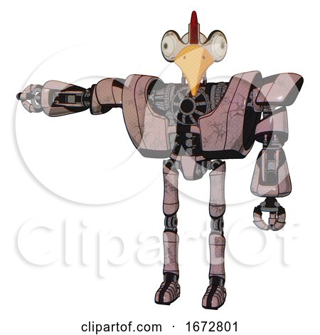 Bot Containing Bird Skull Head and Bone Skull Eye Holes and Chicken Design and Heavy Upper Chest and Heavy Mech Chest and Ultralight Foot Exosuit. Powder Pink Metal. Arm out Holding Invisible Object.. by Leo Blanchette