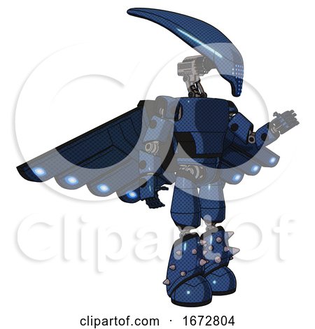 Mech Containing Flat Elongated Skull Head and Light Chest Exoshielding and Prototype Exoplate Chest and Cherub Wings Design and Light Leg Exoshielding and Spike Foot Mod. Dark Blue Halftone. by Leo Blanchette