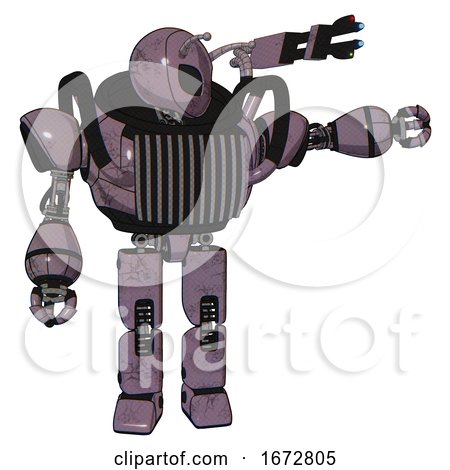 Cyborg Containing Grey Alien Style Head and Black Eyes and Bug Antennas and Heavy Upper Chest and Chest Vents and Prototype Exoplate Legs. Lilac Metal. Pointing Left or Pushing a Button.. by Leo Blanchette