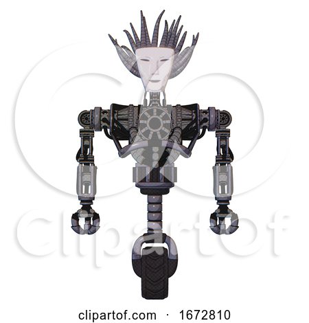 Cyborg Containing Humanoid Face Mask and Heavy Upper Chest and No Chest Plating and Unicycle Wheel. Light Lavender Metal. Front View. by Leo Blanchette