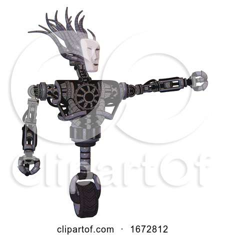 Cyborg Containing Humanoid Face Mask and Heavy Upper Chest and No Chest Plating and Unicycle Wheel. Light Lavender Metal. Pointing Left or Pushing a Button.. by Leo Blanchette