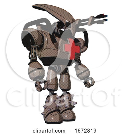 Mech Containing Flat Elongated Skull Head and Heavy Upper Chest and First Aid Chest Symbol and Light Leg Exoshielding and Spike Foot Mod. Khaki Halftone. Facing Left View. by Leo Blanchette