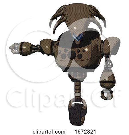 Mech Containing Flat Elongated Skull Head and Heavy Upper Chest and Chest Compound Eyes and Unicycle Wheel. Light Brown Halftone. Arm out Holding Invisible Object.. by Leo Blanchette