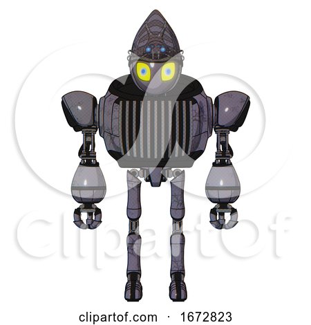Mech Containing Grey Alien Style Head and Yellow Eyes with Blue Pupils and Alien Bug Creature Hat and Heavy Upper Chest and Chest Vents and Ultralight Foot Exosuit. Light Lavender Metal. Front View. by Leo Blanchette