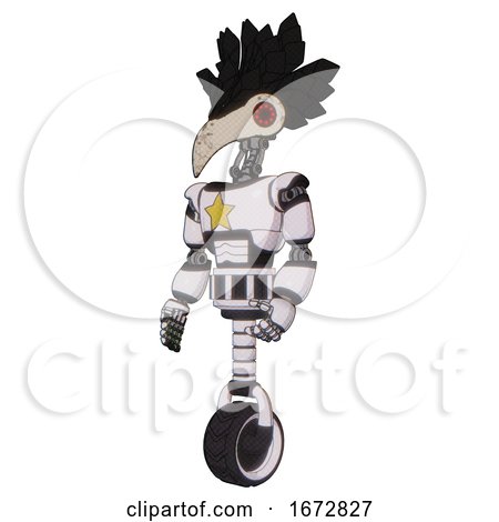 Android Containing Bird Skull Head and Red Led Circle Eyes and Crow Feather Design and Light Chest Exoshielding and Yellow Star and Unicycle Wheel. White Halftone Toon. Facing Right View. by Leo Blanchette