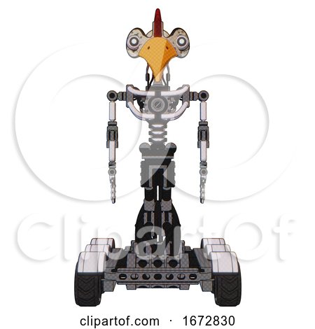 Mech Containing Bird Skull Head and White Eyeballs and Chicken Design and Light Chest Exoshielding and No Chest Plating and Six-wheeler Base. White Halftone Toon. Front View. by Leo Blanchette