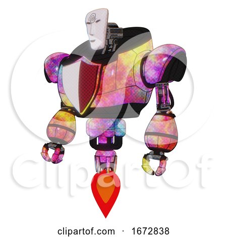 Android Containing Humanoid Face Mask and Spiral Design and Heavy Upper Chest and Red Shield Defense Design and Jet Propulsion. Plasma Burst. Standing Looking Right Restful Pose. by Leo Blanchette