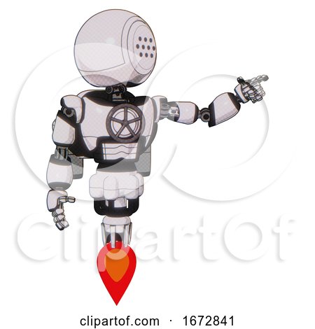 Cyborg Containing Dots Array Face and Light Chest Exoshielding and Chest Valve Crank and Rocket Pack and Jet Propulsion. White Halftone Toon. Pointing Left or Pushing a Button.. by Leo Blanchette