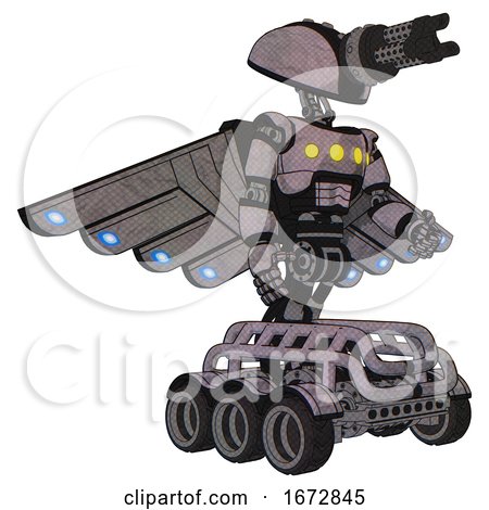 Bot Containing Gatling Gun Face Design and Light Chest Exoshielding and Yellow Chest Lights and Cherub Wings Design and Six-wheeler Base. Dark Sketch. Facing Left View. by Leo Blanchette