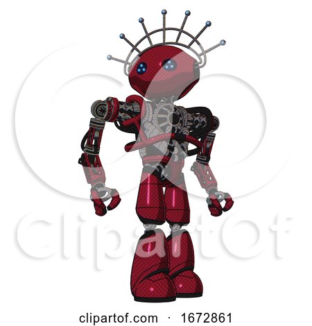 Robot Containing Oval Wide Head and Blue Led Eyes and Techno Halo Ornament and Heavy Upper Chest and No Chest Plating and Light Leg Exoshielding. Fire Engine Red Halftone. Hero Pose. by Leo Blanchette