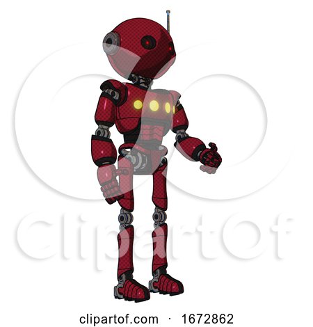 Android Containing Oval Wide Head and Small Red Led Eyes and Retro Antenna with Light and Light Chest Exoshielding and Yellow Chest Lights and Ultralight Foot Exosuit. Fire Engine Red Halftone. by Leo Blanchette
