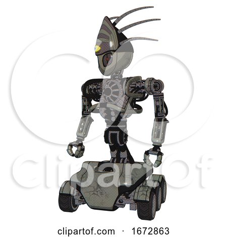 Mech Containing Grey Alien Style Head and Metal Grate Eyes and Eyeball Creature Crown and Heavy Upper Chest and No Chest Plating and Six-wheeler Base. Concrete Grey Metal. by Leo Blanchette