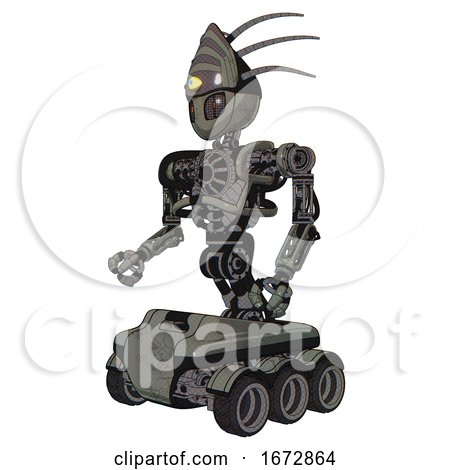 Mech Containing Grey Alien Style Head and Metal Grate Eyes and Eyeball Creature Crown and Heavy Upper Chest and No Chest Plating and Six-wheeler Base. Concrete Grey Metal. Facing Right View. by Leo Blanchette