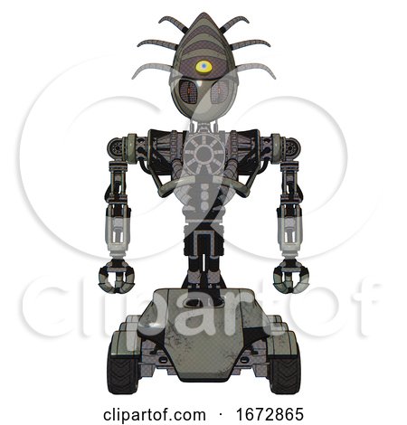 Mech Containing Grey Alien Style Head and Metal Grate Eyes and Eyeball Creature Crown and Heavy Upper Chest and No Chest Plating and Six-wheeler Base. Concrete Grey Metal. Front View. by Leo Blanchette