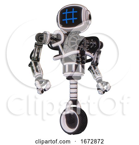 Bot Containing Digital Display Head and Hashtag Face and Heavy Upper Chest and No Chest Plating and Unicycle Wheel. White Halftone Toon. Hero Pose. by Leo Blanchette