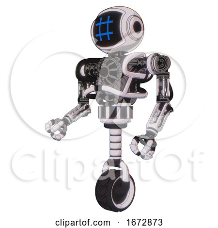 Bot Containing Digital Display Head and Hashtag Face and Heavy Upper Chest and No Chest Plating and Unicycle Wheel. White Halftone Toon. Facing Right View. by Leo Blanchette