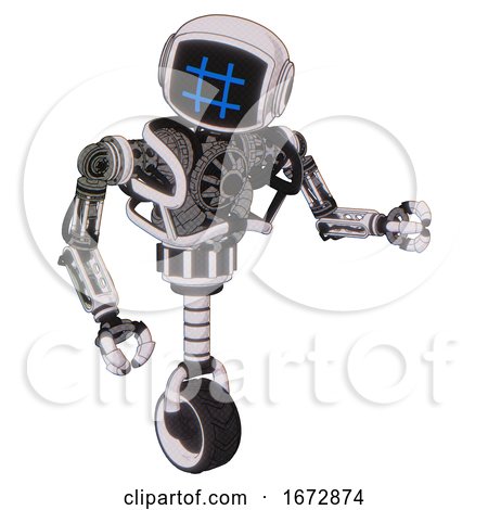 Bot Containing Digital Display Head and Hashtag Face and Heavy Upper Chest and No Chest Plating and Unicycle Wheel. White Halftone Toon. Fight or Defense Pose.. by Leo Blanchette