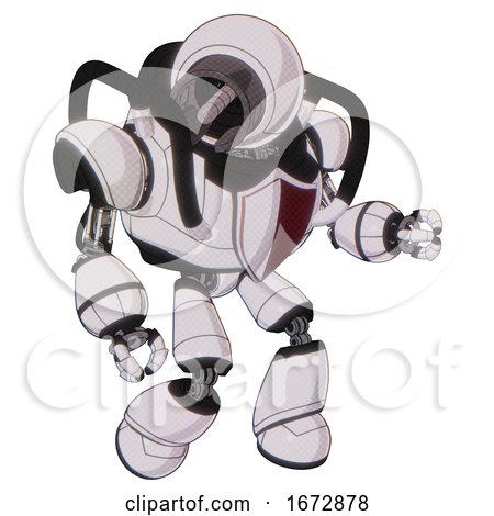 Android Containing Cable Connector Head and Heavy Upper Chest and Red Shield Defense Design and Light Leg Exoshielding. White Halftone Toon. Fight or Defense Pose.. by Leo Blanchette