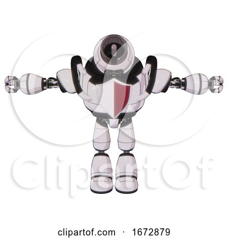 Android Containing Cable Connector Head and Heavy Upper Chest and Red Shield Defense Design and Light Leg Exoshielding. White Halftone Toon. T-pose. by Leo Blanchette