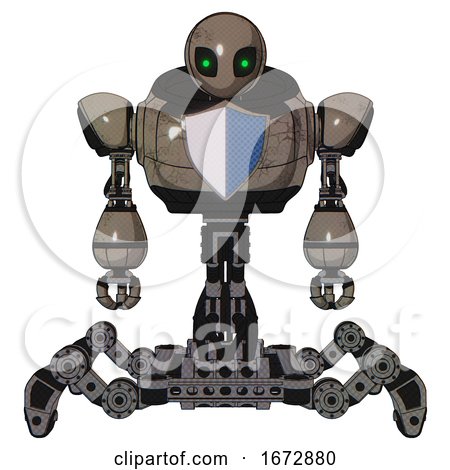 Droid Containing Grey Alien Style Head and Green Inset Eyes and Heavy Upper Chest and Blue Shield Defense Design and Insect Walker Legs. Patent Khaki Metal. Front View. by Leo Blanchette
