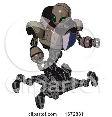 Droid Containing Grey Alien Style Head and Green Inset Eyes and Heavy Upper Chest and Blue Shield Defense Design and Insect Walker Legs. Patent Khaki Metal. Fight or Defense Pose.. by Leo Blanchette