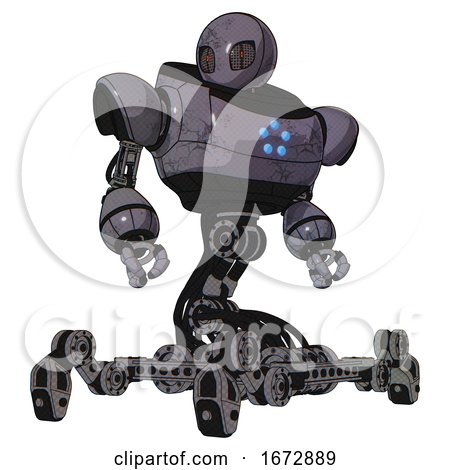 Cyborg Containing Grey Alien Style Head and Metal Grate Eyes and Heavy Upper Chest and Circle of Blue Leds and Insect Walker Legs. Light Lavender Metal. Hero Pose. by Leo Blanchette