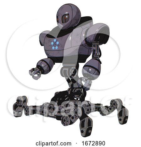 Cyborg Containing Grey Alien Style Head and Metal Grate Eyes and Heavy Upper Chest and Circle of Blue Leds and Insect Walker Legs. Light Lavender Metal. Facing Right View. by Leo Blanchette