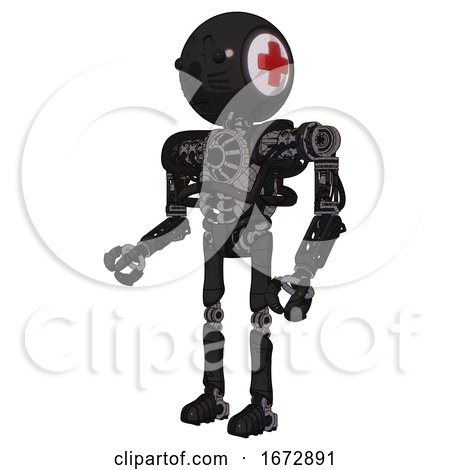 Bot Containing Round Head and First Aid Emblem and Heavy Upper Chest and No Chest Plating and Ultralight Foot Exosuit and Cat Face. Toon Black Scribbles Sketch. Facing Right View. by Leo Blanchette