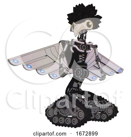Robot Containing Bird Skull Head and Yellow Led Protruding Eyes and Crow Feather Design and Light Chest Exoshielding and Cherub Wings Design and No Chest Plating and Tank Tracks. White Halftone Toon. by Leo Blanchette